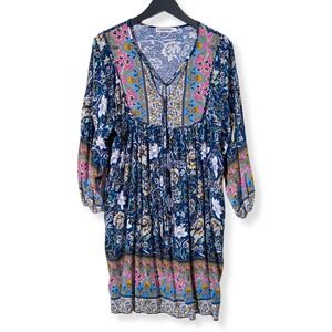 Temofon Dress Womens XL Navy Blue Floral Long Sleeve Boho Cowgirl Chic Tunic